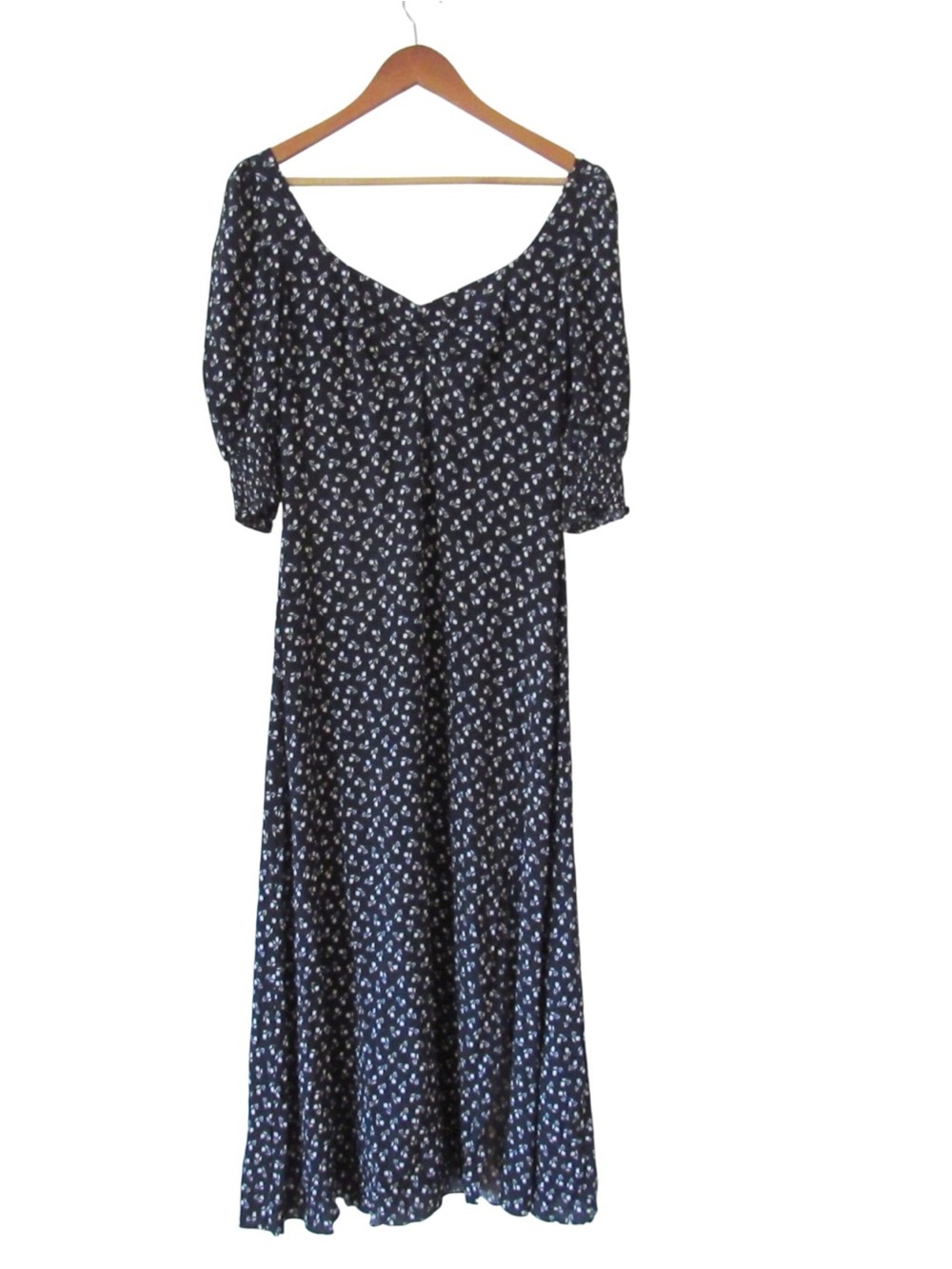 Madewell Ruched Scoopneck Side Slit Midi Dress 6 Ditsy Floral Navy Blue Smocked